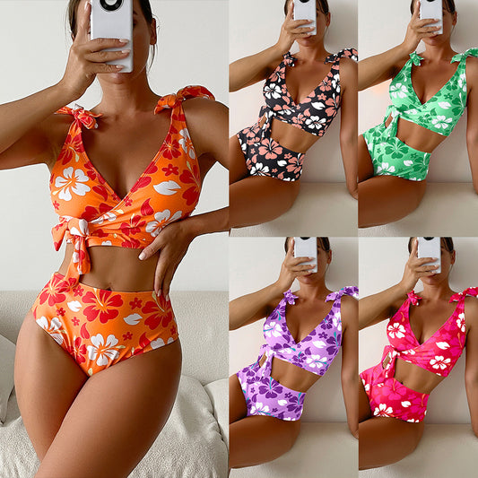 Lace Up Printed High Waisted Bikini Split Swimsuit For Women